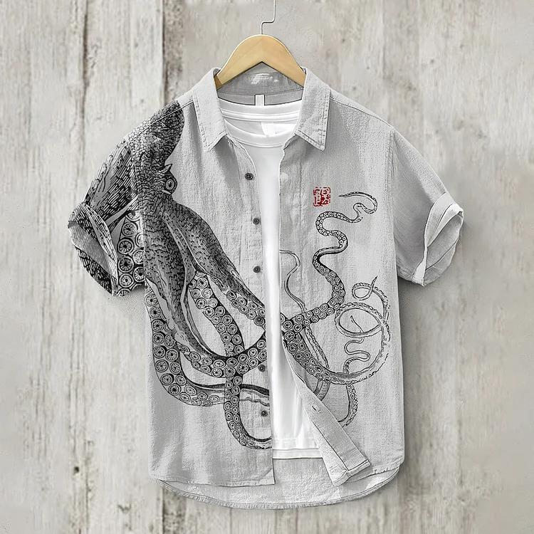 Japanese Art Octopus And Crab Print Casual Linen Blend Shirt