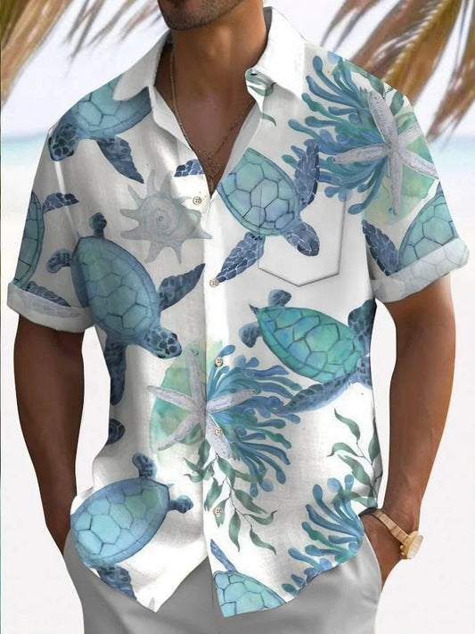 Men's Hawaiian Turtle Print Casual Short Sleeve Shirt (With Pockets)