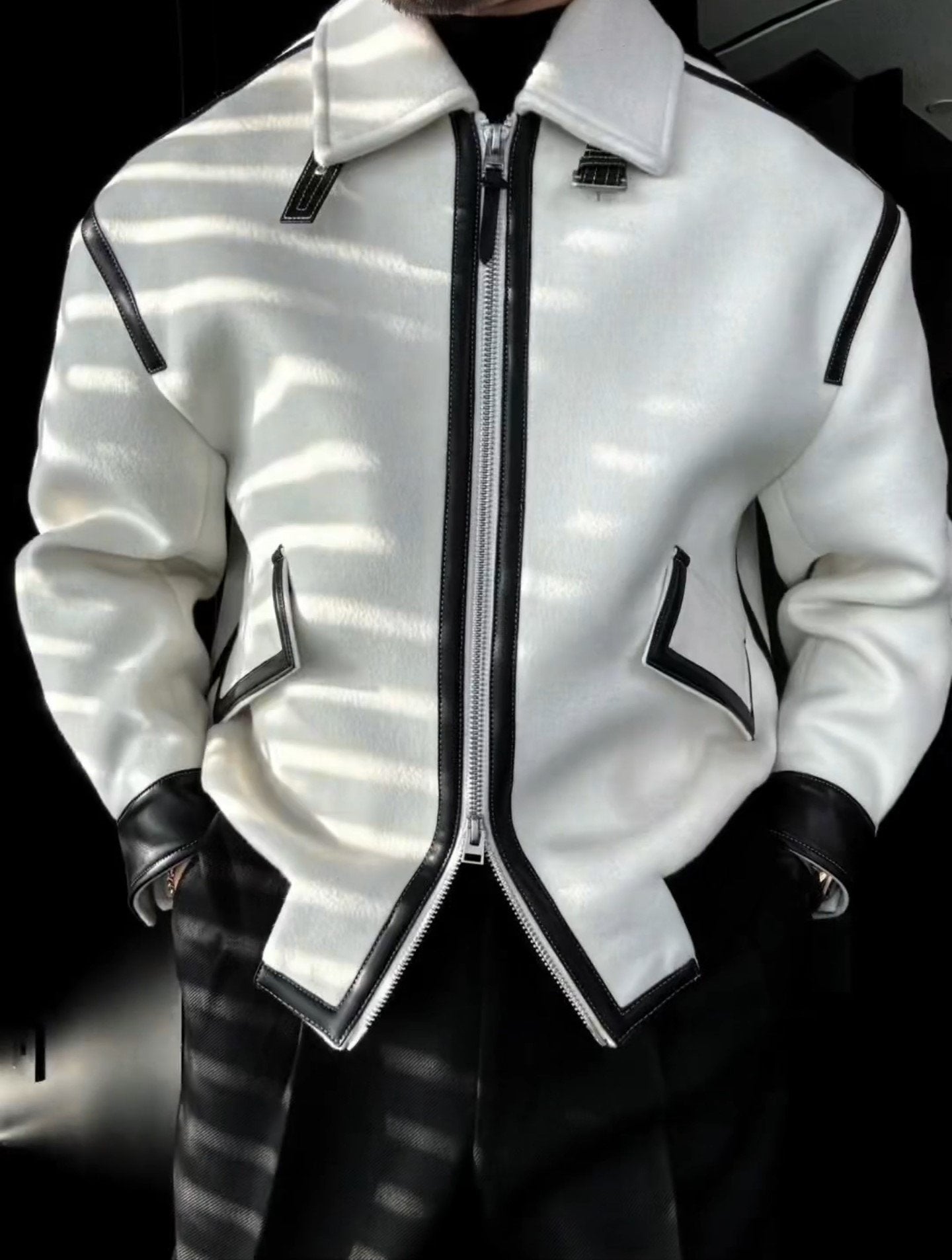 Leather-trimmed lapel cashmere jacket