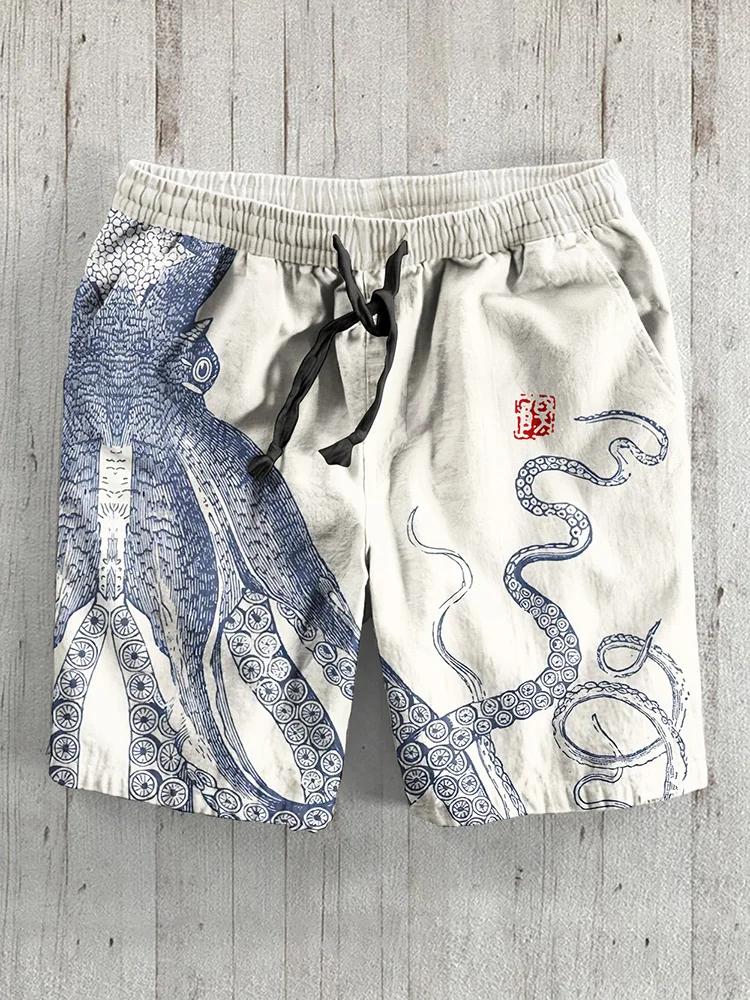 Retro Japanese Art Octopus Graphic Printed Casual Shorts