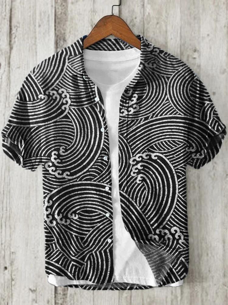 Sea Waves Japanese Lino Pattern Linen Blend Shirt