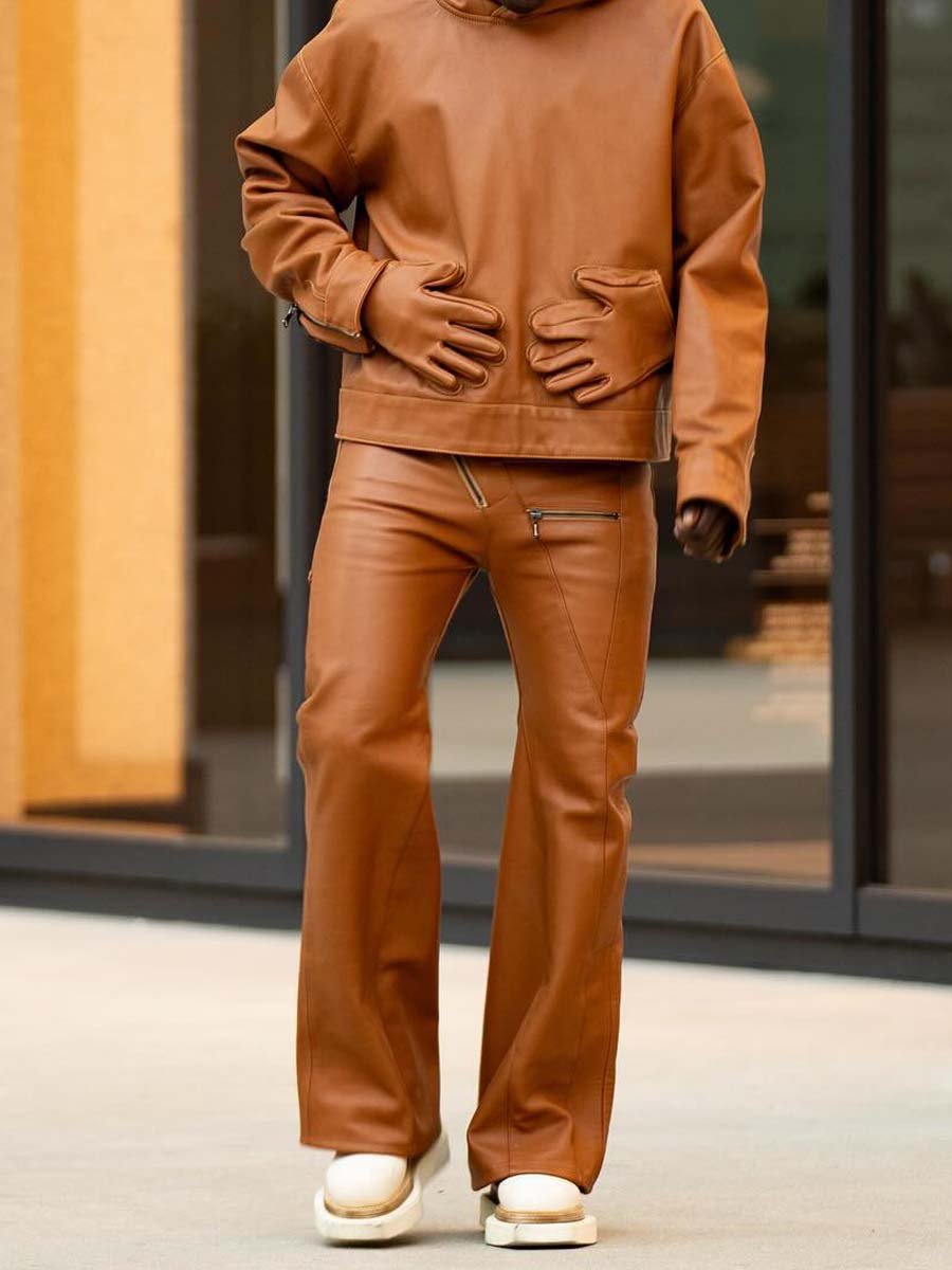 Men's hooded collar zip-up leather suit