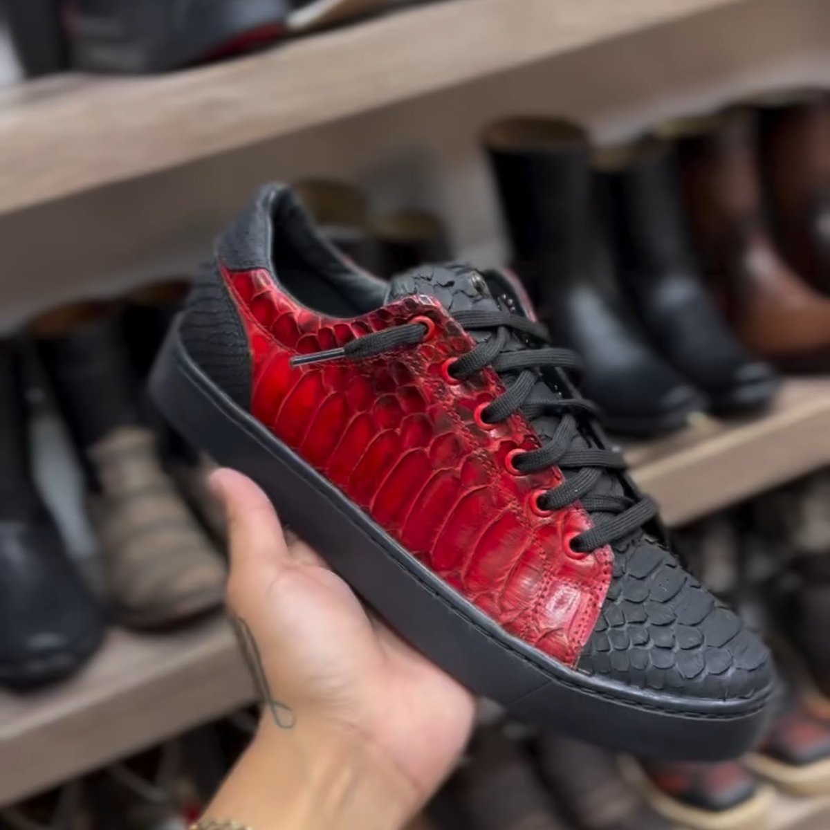 Black And Red Snakeskin Textured Sneakers