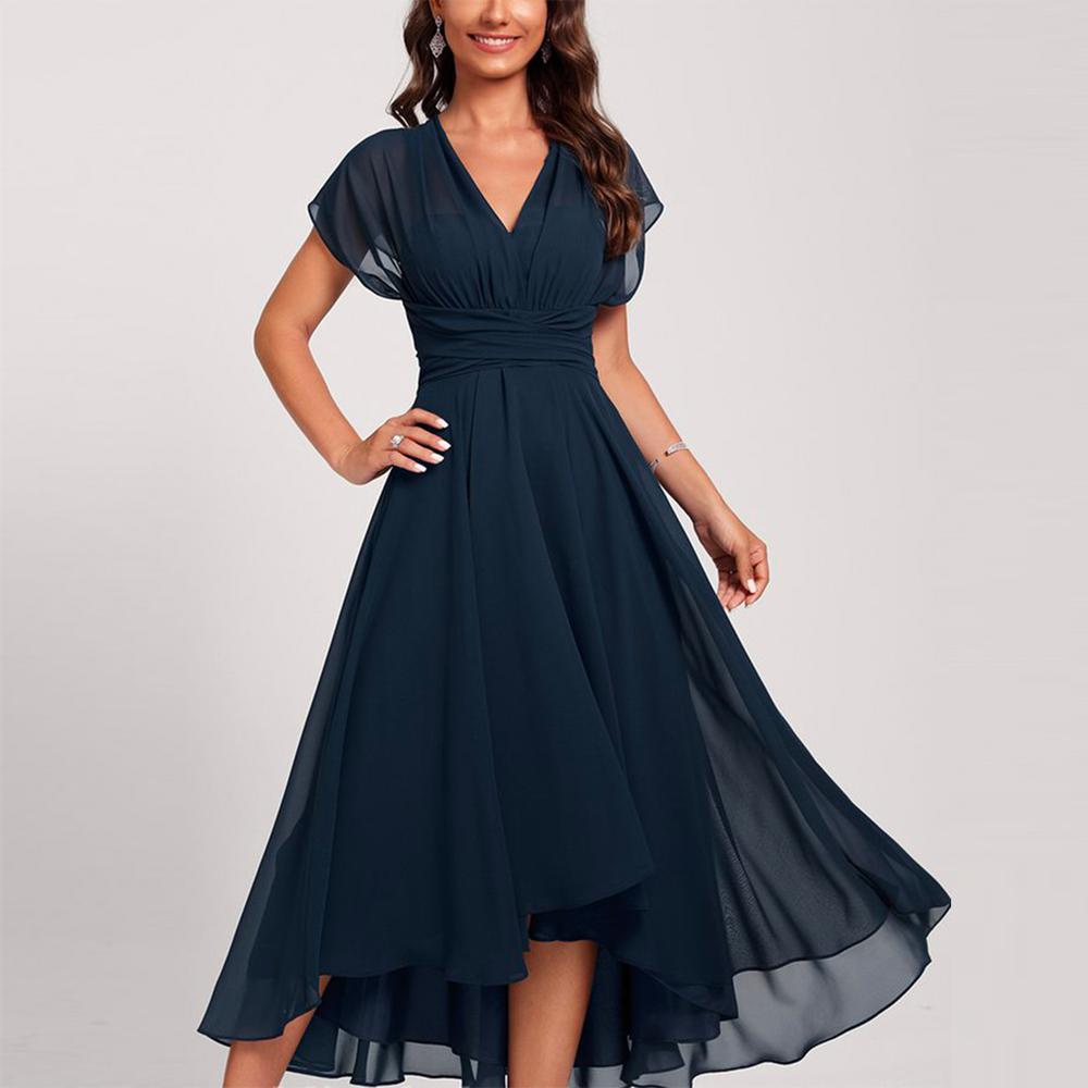 Blue Short Sleeve Cinched Waist Midi Dress