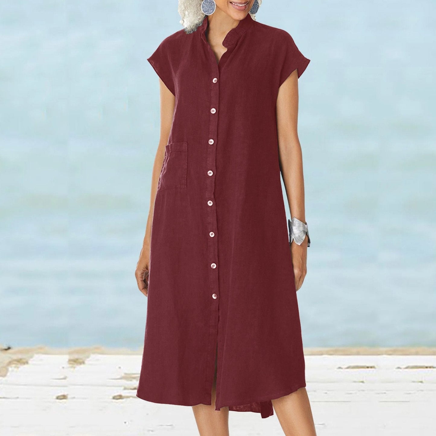 Women’s Button-down Cotton Linen Loose Dress with Pocket